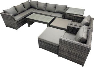 Fimous Fimous 8 Pieces Outdoor PE Rattan Garden Furniture Corner Sofa Oblong Coffee Table Set with Cushions Chair 2 Big Footstools Side Table Dark Grey Mixed
