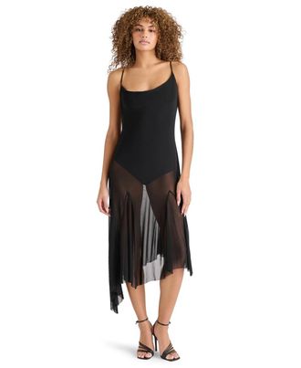 Steve Madden Louisa Midi Dress Womens Black Mesh Asymmetric Hem PAL177