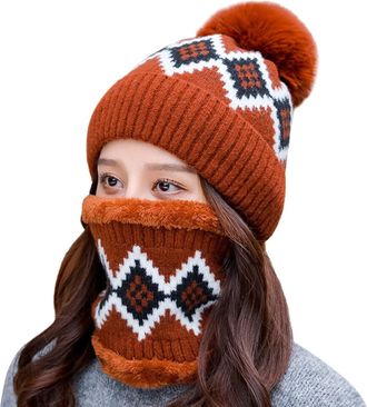 Generic Women Winter Knitted Hat Scarf Set Ski Outing Set Thermal Womens Knitting Flocking Hat Scarf Winter Warm Hat Earmuffs Cycling Baseball Caps Womens Win