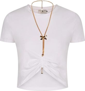 Elisabetta Franchi Metallic Chain Logo Detail Cropped T-Shirt - Dames - T-shirts - Wit - 2XL - Tops