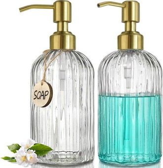 OEM Juego De 2 Dispensadores De Jab&oacute;n De Vidrio, 400 Ml Con Bomba Dorada, Bandeja De Bamb&uacute;, Embudo Y 18 Pegatinas, Dispensador Transparente