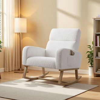 OEM Sill&oacute;n Mecedora Escandinavo Blanco De Terciopelo Teddy Con Almacenamiento, Patas De Madera Maciza, 1 Plaza