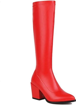 Generic Womens Minimalist Side Zipper Knee High Boots Slim Stretch Wide Calf Pull On Pointed Toe Chunky Heels Winter Dress Shoes (5.5,Red)
