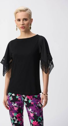 Joseph Ribkoff Boatneck With Lace Trim 3/4 Sleeve Top In Black