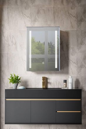 Living and Home 50cm W x 70cm H Bathroom LED Anti-Fog Makeup Mirror Cabinet with Touch Switch and Shelves in Silver | Size: 50 cm W x 70 cm H