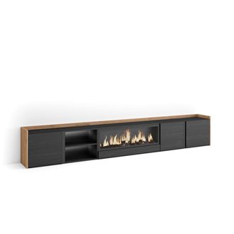 Skraut Home Mueble tv efecto madera negro roble 315x35x50cm chimenea efecto fuego
