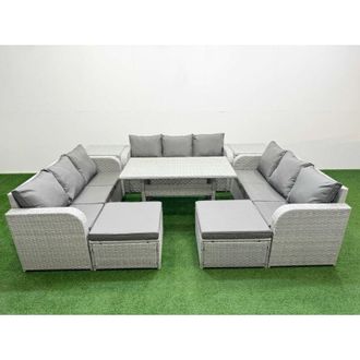 Fimous Pe Rattan Lounge Sofa Set 11 Seater Outdoor Garden Furniture Set with Rectangular Dining Table 3 Seater Sofa 2 Big Footstools 2 Side Table Light Grey
