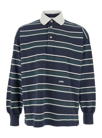 Autry Blue Polo Shirt With Classic Collar And All-over Striped Motif In Cotton Man