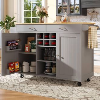 Merax Grey Mobile Kitchen Island Trolley with Wine Rack, Sideboard
