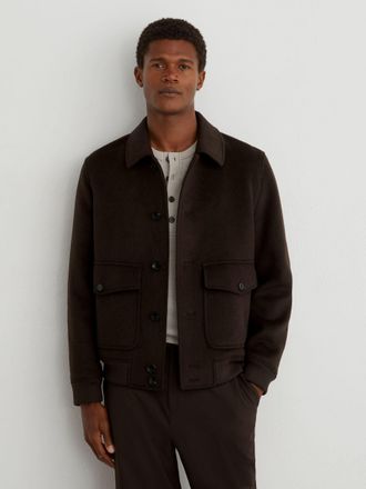 Reiss Mens Chocolate Brown Wool-blend Flap-pocket Bomber Jacket, Xxl