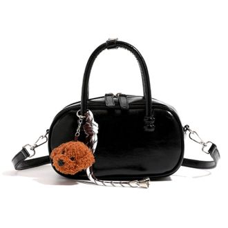 Generic Cymwer Women PU Leather Bowling Shoulder Bag with Zipper for School Work Travel (Black)