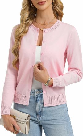 Grace Karin Womens Cardigans Long Sleeve, Rundhals Button Down Cardigans for Women UK, Business Casual Blazer Bolero Light Pink XXL