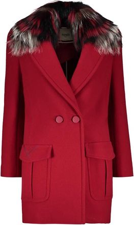 Fendi Fox Fur Trim Wollen Jas - Dames - Mantel - Rood - 2XS - Wol - Jassen