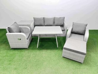 Fimous Reclining Chair 3 Seat Sofa Set Garden Furniture Set with Big Stool in Light Grey