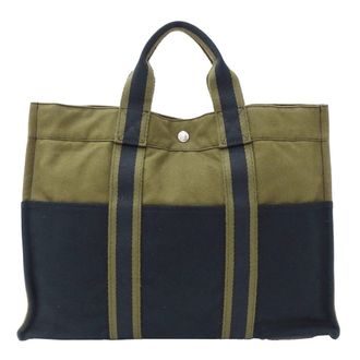 Herm&egrave;s Green Khaki Navy Canvas Handbag Tote Bag (Pre-Owned)