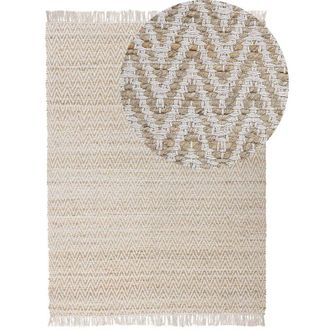 Beliani Alfombra De Pasillo Beige Algod&oacute;n Yute Con Flecos 140 X 200 Cm Tejida A Mano Boho Pasillo Dormitorio Afrin