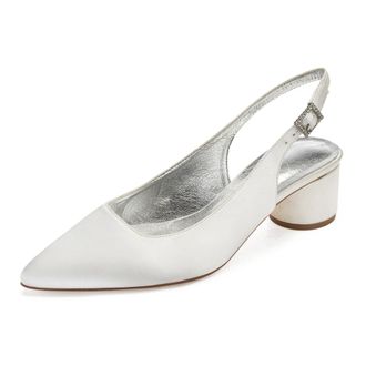 Generic Wedding Bridal Shoes Women Chunky Block Satin Low Heels Pointed Toe Slingback Evening Party Prom Office Shoes 4.5Cm,Ivory,9 UK