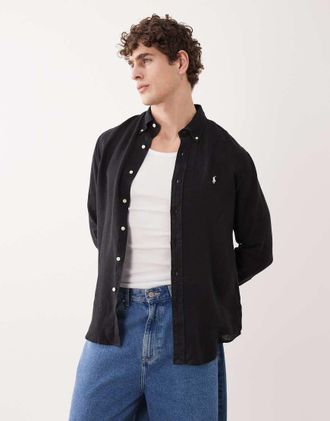 Polo Ralph Lauren Camicia in lino nera a righe con logo-Nero