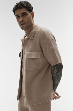 Alo | Sports Club Sweater Knit Short Sleeve Button Up Top in Gravel, Size: Medium