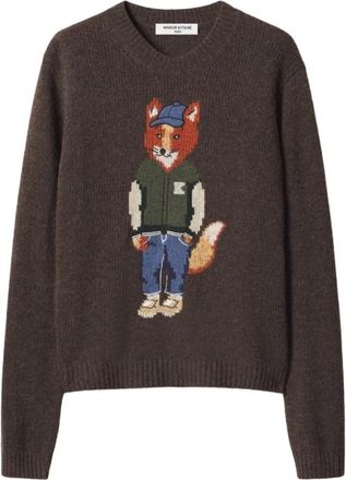 Maison Kitsun&eacute; Dressed Fox Intarsia Wol Trui - Dames - Ronde hals truien - Bruin - S - Wol - Truien & Vesten