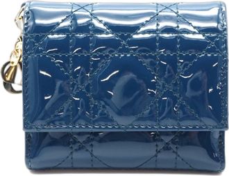 Dior Lady Dior Blue Patent Leather Wallet (Tri-Fold) (Pre-Owned)