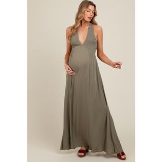 Pinkblush Deep V-Neck Cross Back Maxi Dress in Olive Green at Nordstrom, Size Medium