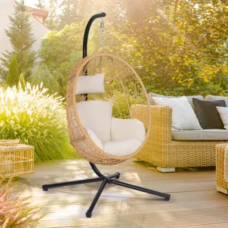 IDMarket Idmarket - Sill&oacute;n Colgante Calado Efecto Rat&aacute;n Con Forma De Huevo Y Coj&iacute;n Crudo