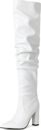 Generic Womens Over-The-Knee Slouchy Boots PU Leather Pointed Toe High Block Heels Comfortable Fashion Footwear For Daily Night Evening Party,White,4.5 UK