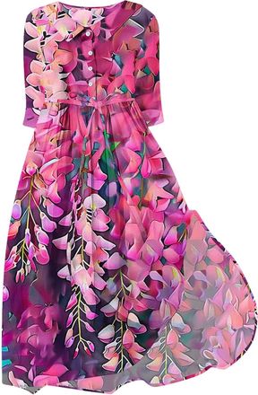 Generic Summer Dresses for Women UK,Womens Buttons Elegant Dresses V Neck 3/4 Sleeve Midi Dresses Vintage Floral Print Loose Boho Dress A-Line Beach Holiday D