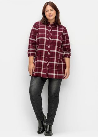 Sheego Hemdbluse SHEEGO, Damen, Gr. 40, rot (weinrot, kariert), 58% Viskose, 42% Baumwolle, gemustert, kariert, Blusen Hemdbluse