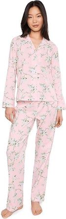 Lauren Ralph Lauren Cotton Lawn Long Sleeve Notch Collar Long Pants Pajama Set Womens Pajama Sets Pink Ground Floral : XL (US 16-18)