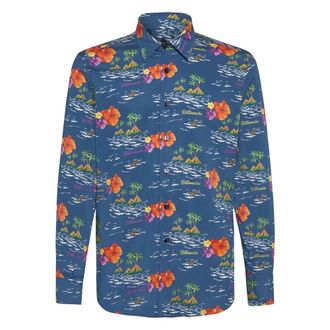 Billionaire Boys Club Gold Cut LS Milano Palms - Heren - Casual Overhemden - Blauw - XS - Katoen - Overhemden