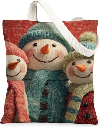 Generic Snow Man Print Canvas Tote Bags, Festive Holiday Reusable Grocery Bags, Winter Rustic Lightweight Washable Shoulder Strap C, Red, 13x15 Inch