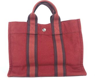 Herm&egrave;s Red Color Canvas Handbag Tote Bag (Pre-Owned)