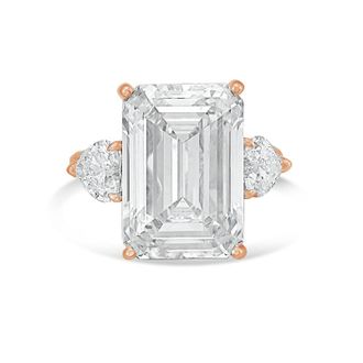 Diana M. Jewels 18kt Rose gold Lab grown 10ct Emerald diamond ring with heart diamonds on the side and micropave band