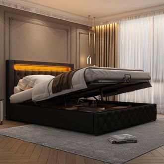 Merax PU Upholstered Double LED Ottoman Storage Bed Frame in Black