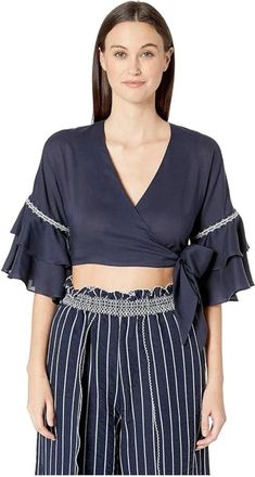 SIMKHAI Womens Jonathan Simkhai Hawaiian Wrap Top Black Ruffle Short Sleeve RED631