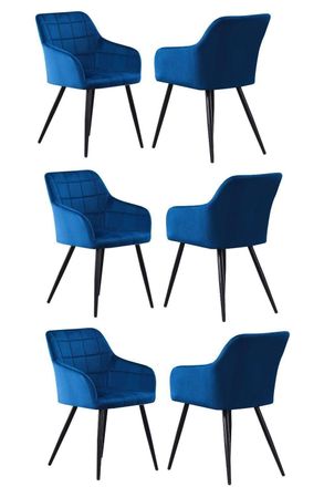 Life Interiors Set of 6 Camden Modern Velvet Dining Chairs with Armrests, Quilted Design & Black Metal Legs in Blue