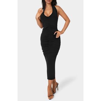 Bebe Slinky Shirred Maxi Halter Dress in Black at Nordstrom Rack, Size X-Large