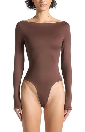 Mani&egrave;re De Voir Eva Boat Neck Bodysuit in Brown at Nordstrom, Size 10