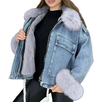 Generic Fleece Lined Denim Jacket Women With Faux Fur Collar Hooded Coats Long Sleeve Jeans Zip Up-Warm Coats With Pocket Short Trench Fleece Lined Jacket Str
