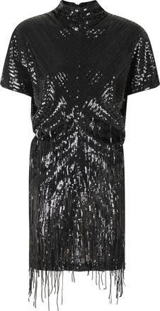 Federica Tosi Black Sequined High-Neck Fringe Mini Dress