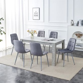 Kosy Koala Modern Stone Grey Effect Dining Table Set With 6 Velvet Chairs Dining Room Furniture Set in Brown