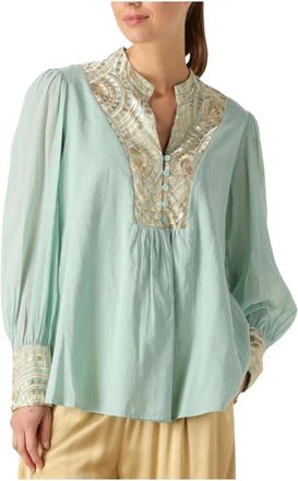 Greek Archaic Kori Groene Linnen Blouse- Model 340452 - Dames - Blouses - Groen - XS - Linnen - Overhemden