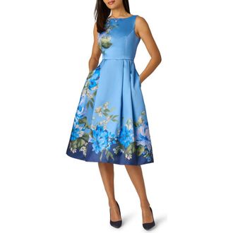 Adrianna Papell Sleeveless Mikado Fit & Flare Midi Dress in Blue Multi at Nordstrom, Size 14