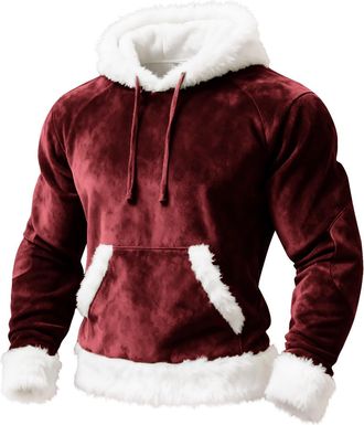 Generic Christmas Jumpers for Men Plush Stitching Mens Hoodies Patchwork Color Velvet Oversized Long Sleeve Pullover Loose Fit Hooded Sports Mens Sweatshirt (