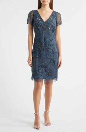 Pisarro Nights Beaded Double V-Neck Dress in Grey at Nordstrom, Size 10