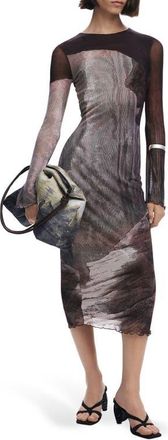 Desigual Abstract Print Long Sleeve Mesh Midi Dress in Dark Brown at Nordstrom, Size Xx-Large