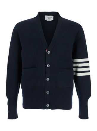 Thom Browne Blue Cardigan With V Neck And Striped Detail On The Sleeve In Wool Man