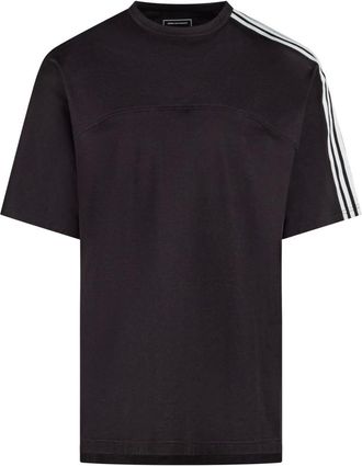 Yohji Yamamoto Tops, Heren, Zwart, S, Wit Crew-neck T-shirt met Gestreepte Band
